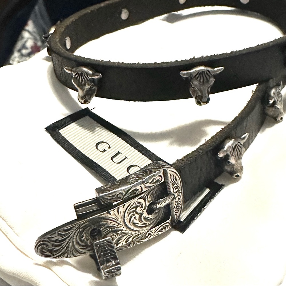 Gucci sterling silver anger forest bull head black leather choker/ double wrap